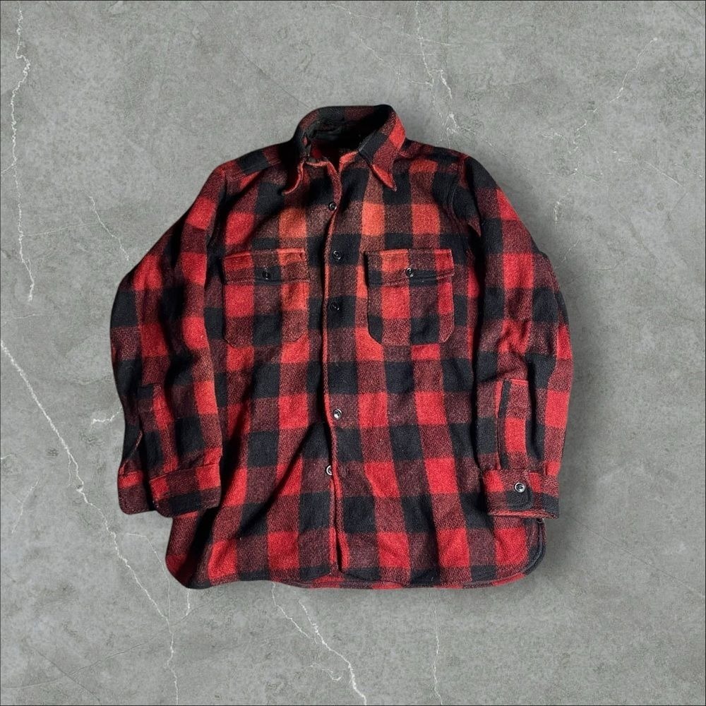 Vintage Pilgrim Flannel Shirt Mens 15.5 Red Black Plaid Wool 1940s Sanforized